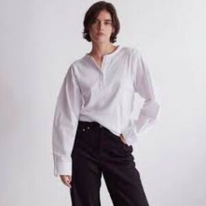 THAKOON Mixed Media Long Sleeve Henley Shirt White NWT Medium